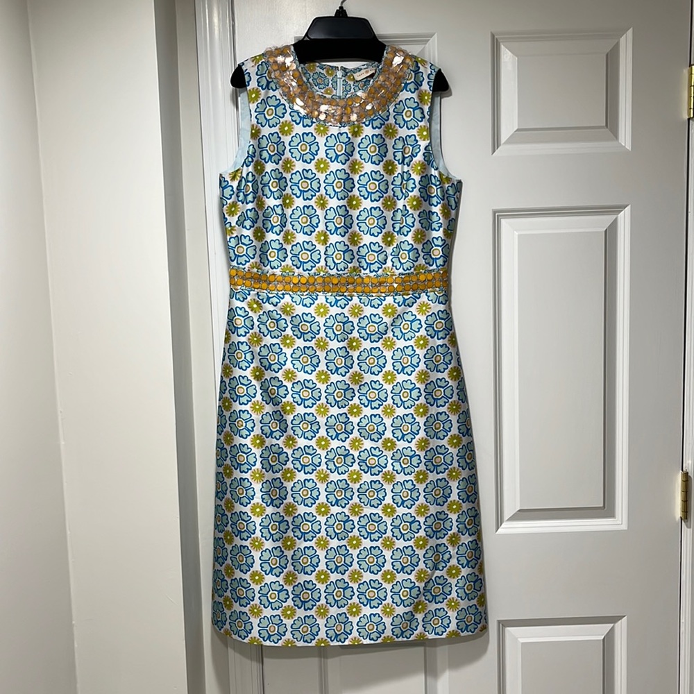 Tory Burch Annette dress— retro floral, sequin detail-Lt Blue. Afternoon tea?